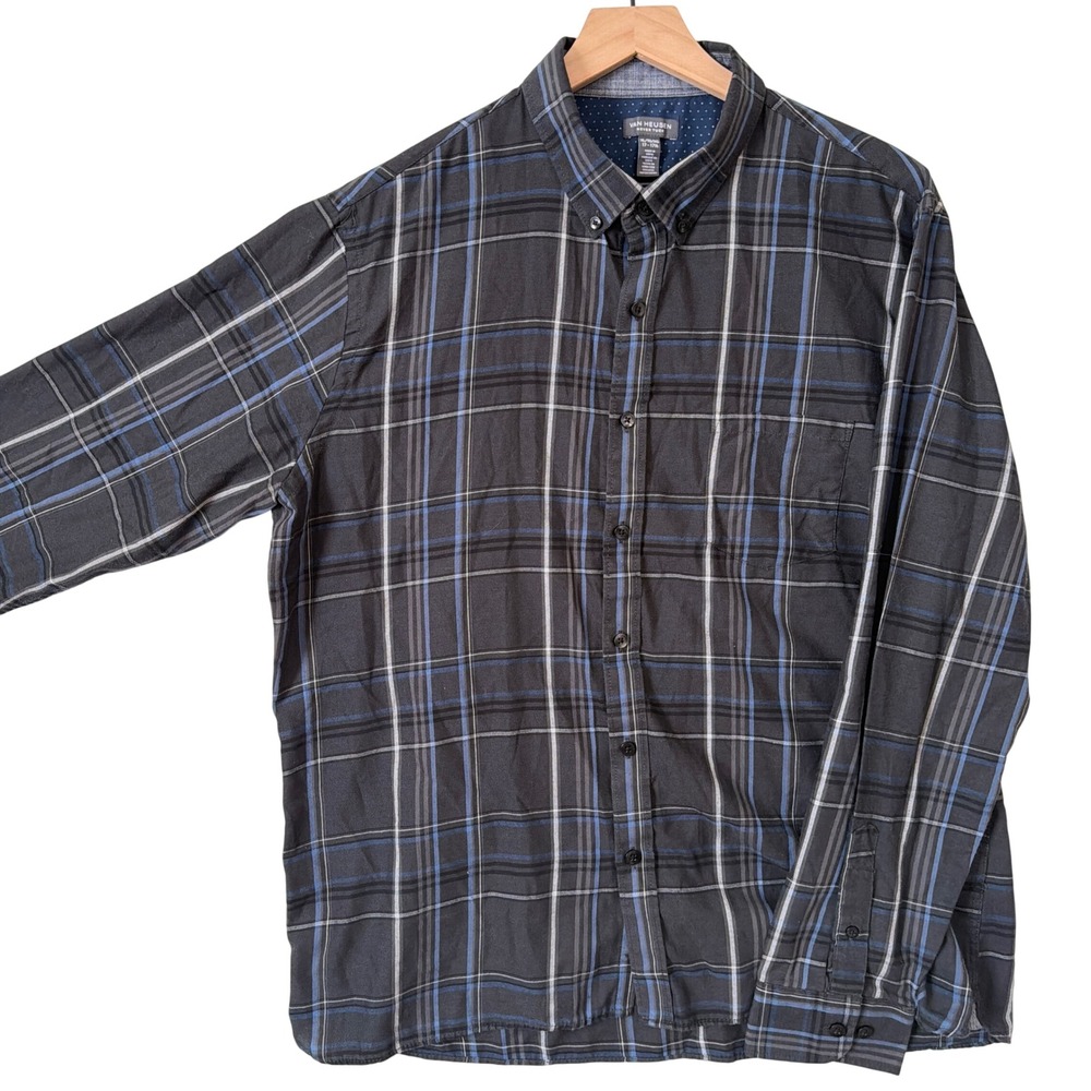 Van Heusen Never Tuck Shirt Men XL Plaid Long Sleeve Grey Blue Button Down